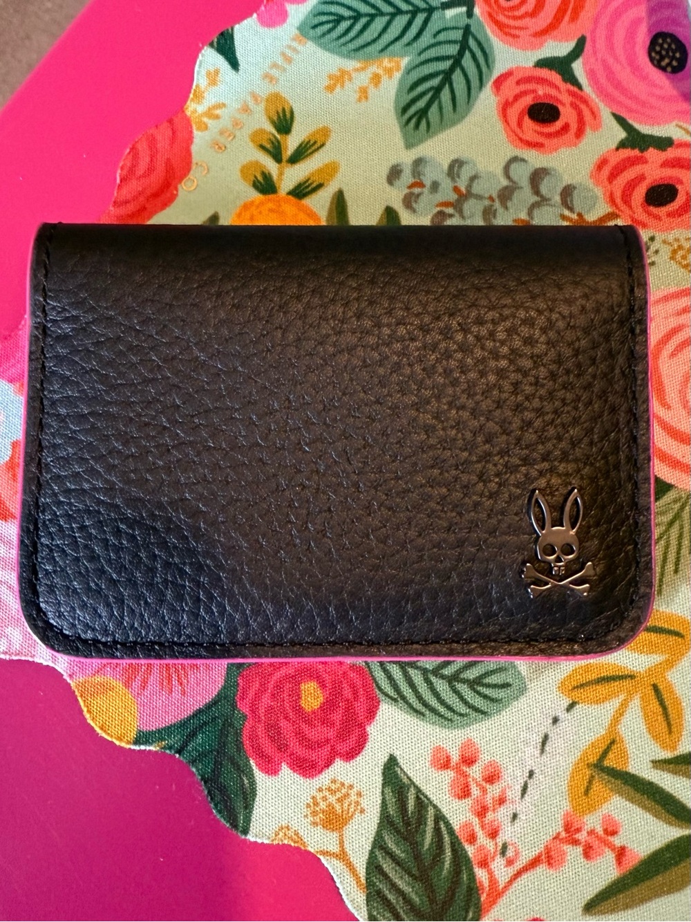 Black Leather Card Case with Bunny Skull Logo